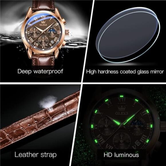 Men's Leather Strap Analog Quartz Watch - Fashion Big Dial Date Waterproof - Picture 6 of 7